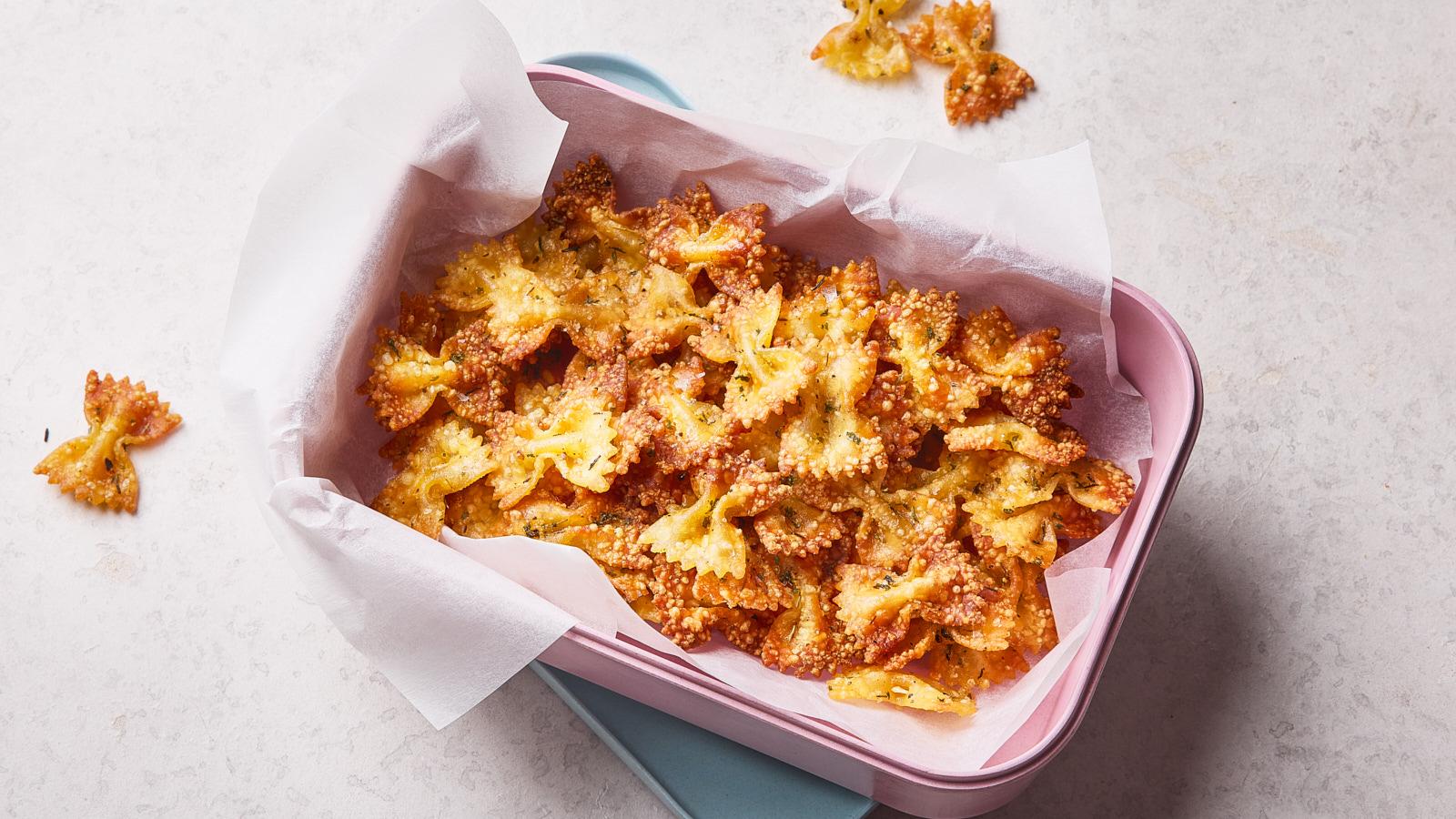 Crispy bowtie pasta in a bowl