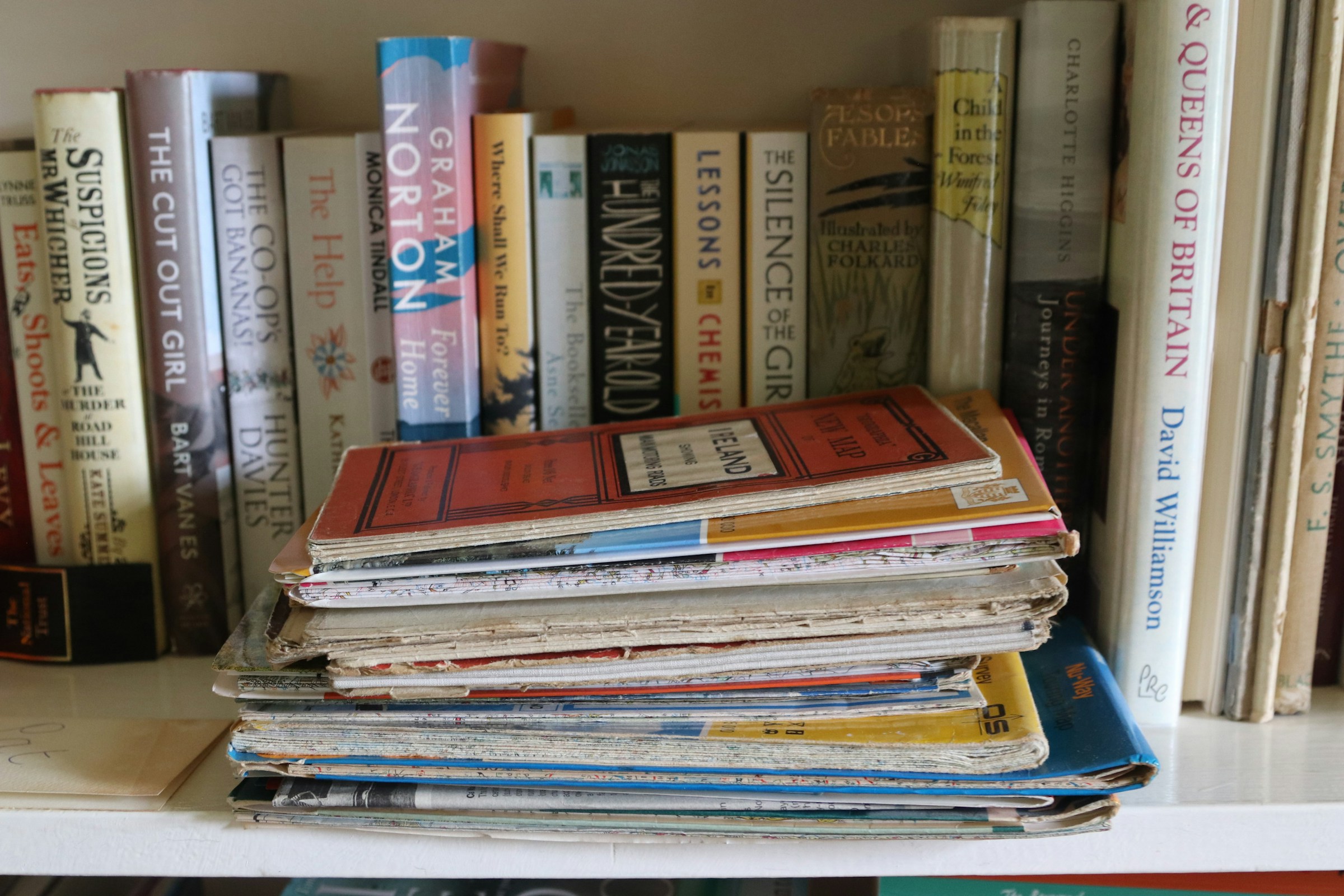 Old textbooks stacked on shelf
