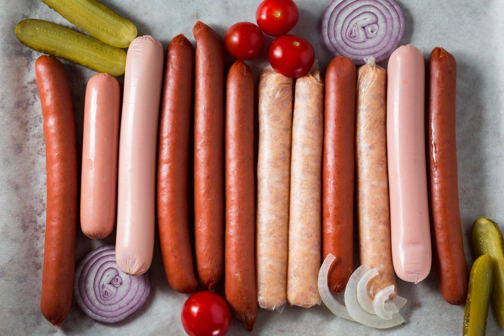 Assorted processed sausages containing salt
