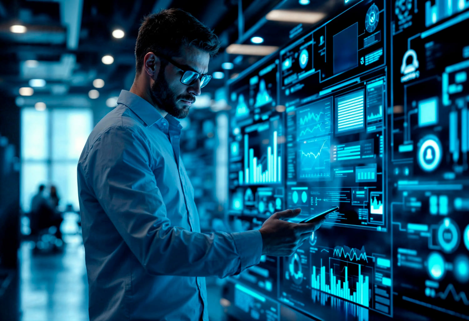 Data analyst working with a futuristic interface